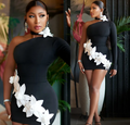 672 One-Shoulder Mini Dress with White Floral Appliqués