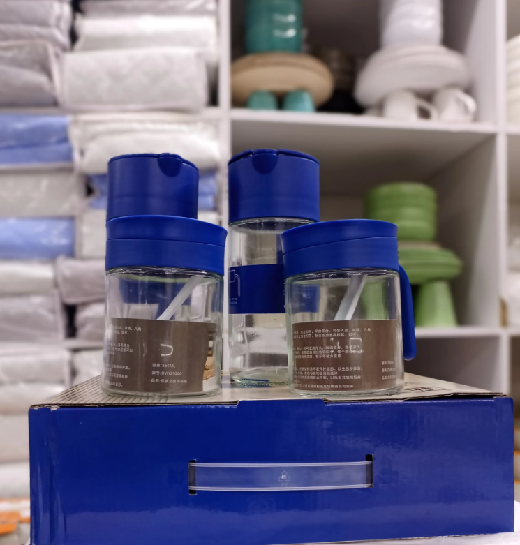4-Piece Glass Oil and Spice Jar Set with Blue Lids & Spoons