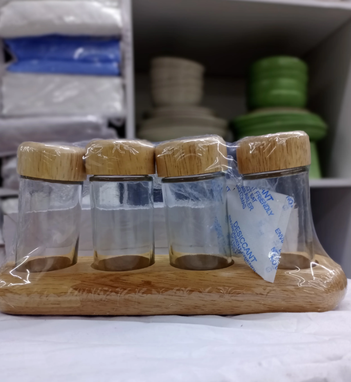 4-Piece Glass Spice Jar Set with Wooden Base