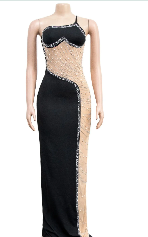 429 One-Shoulder Illusion Mesh Maxi Dress