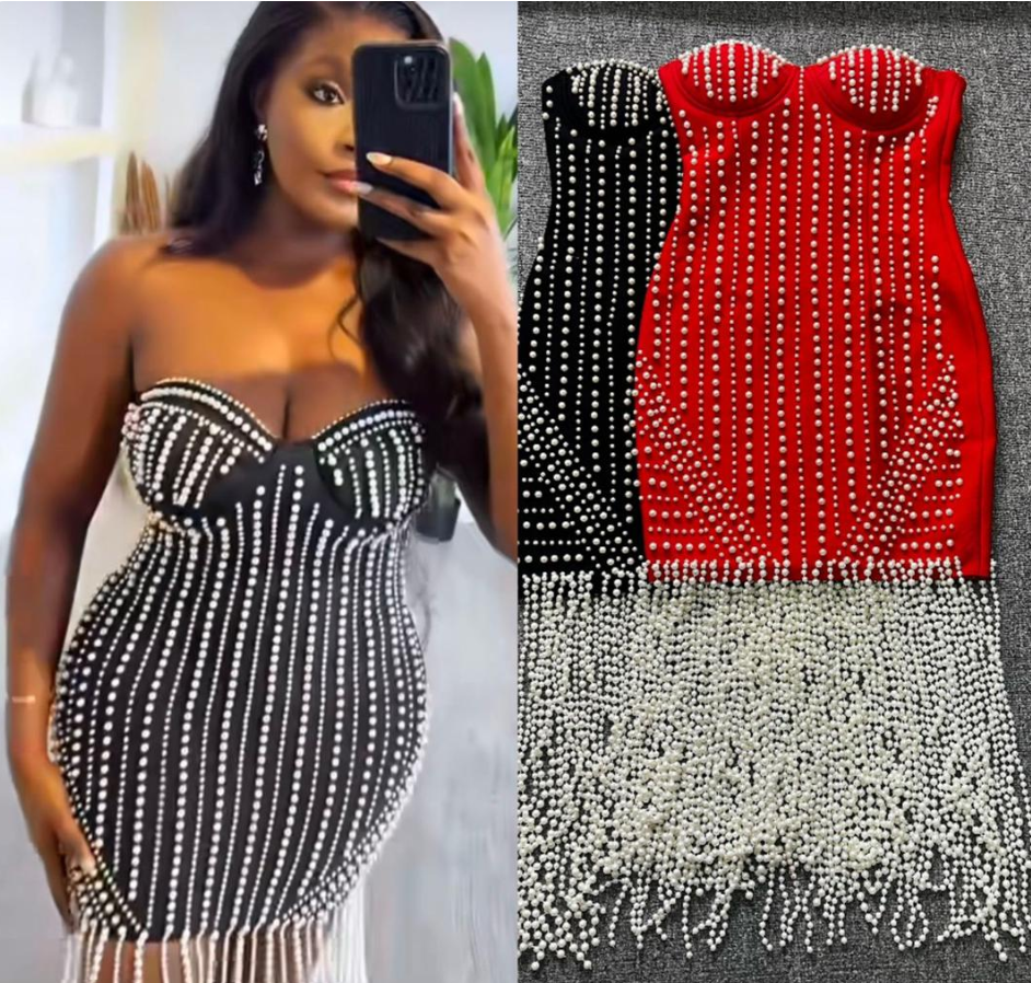 460 Luxury Faux Pearl Strapless Party Dress