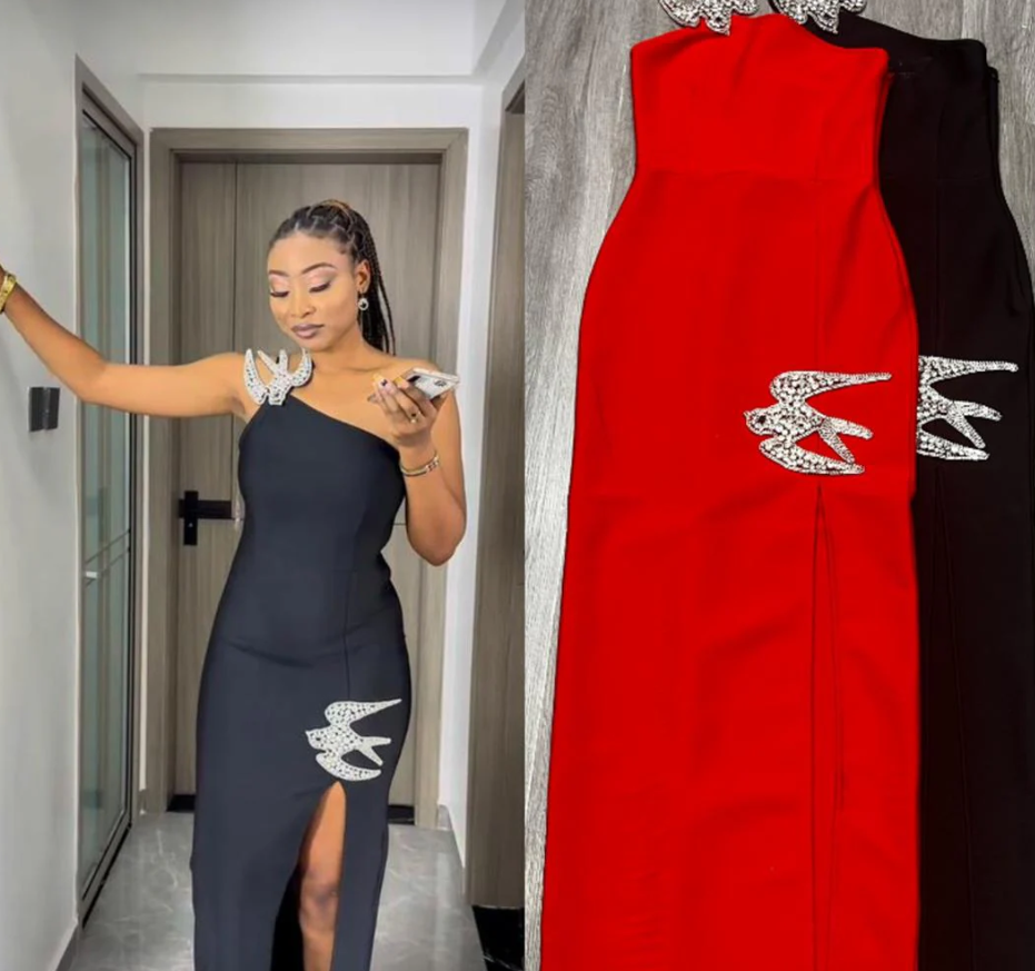 506 The Rhinestone Swallow One-Shoulder Dress